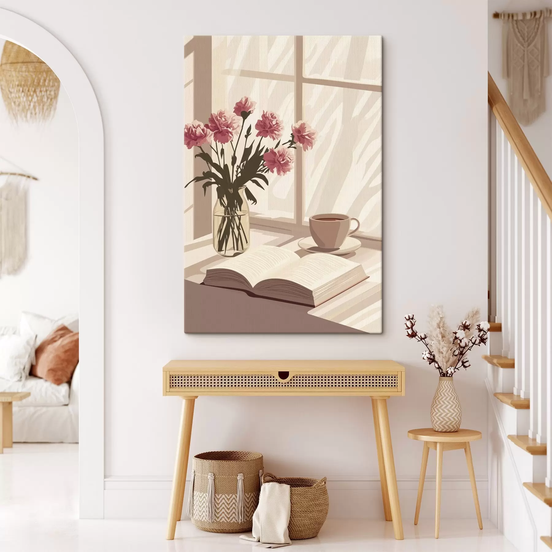 Pilt Hommikune esteetika, tass kohvi, raamat, nelklilled s44012