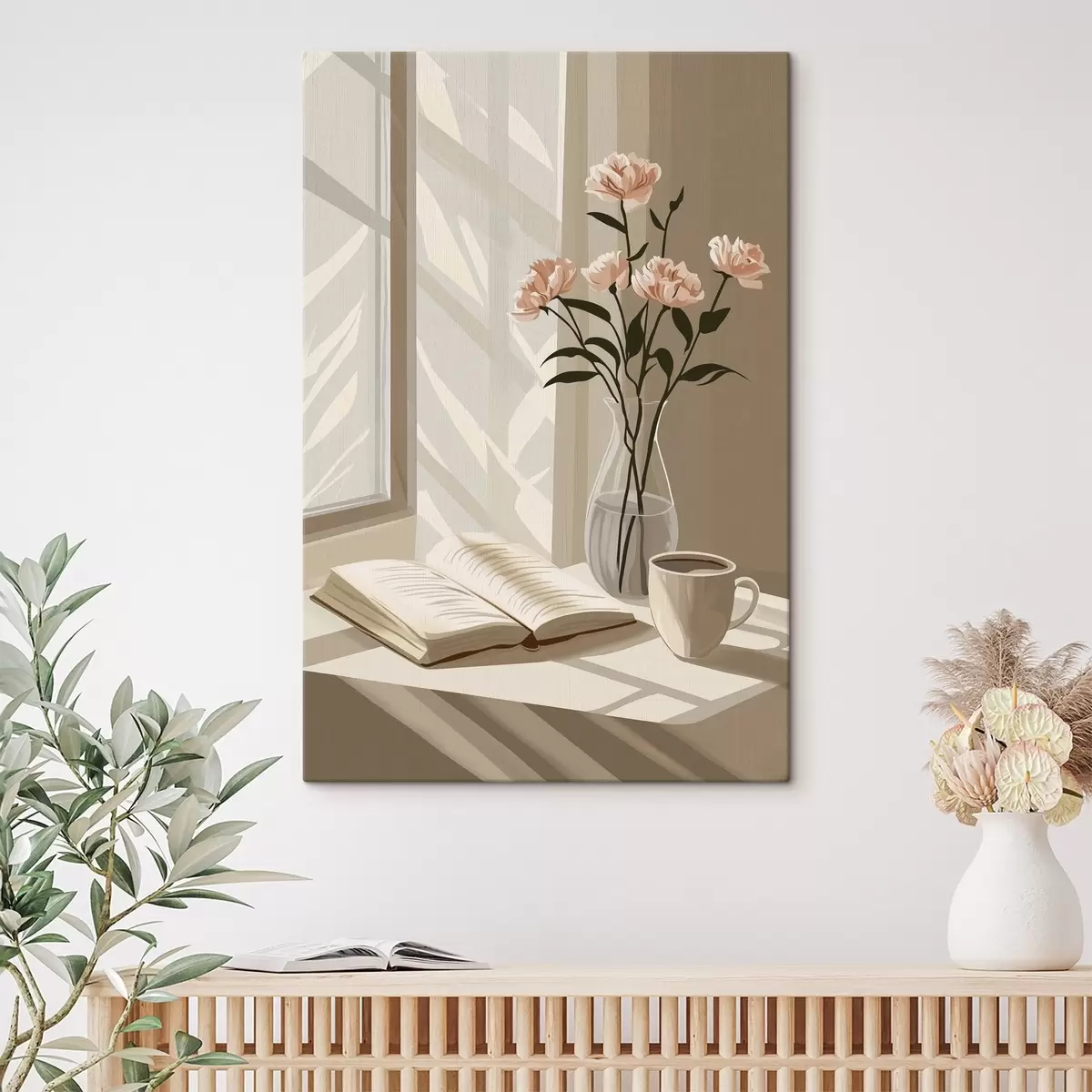 Pilt Hubane hommik kohvi ja raamatuga, roosad lilled, abstraktsioon s44013