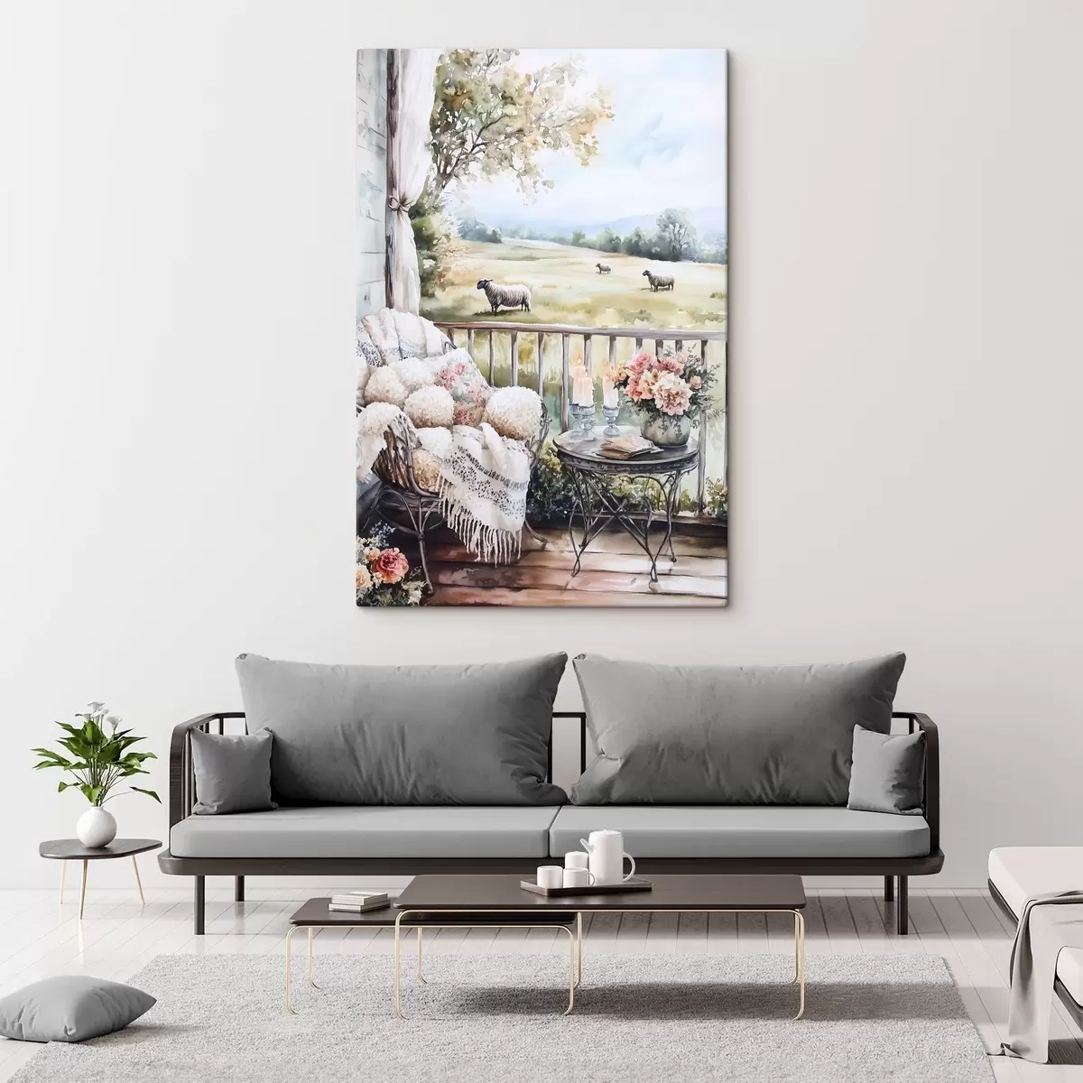 Pilt Talu maal, lambad, põllud, maalilised lilled, akvarellstiilis s44014