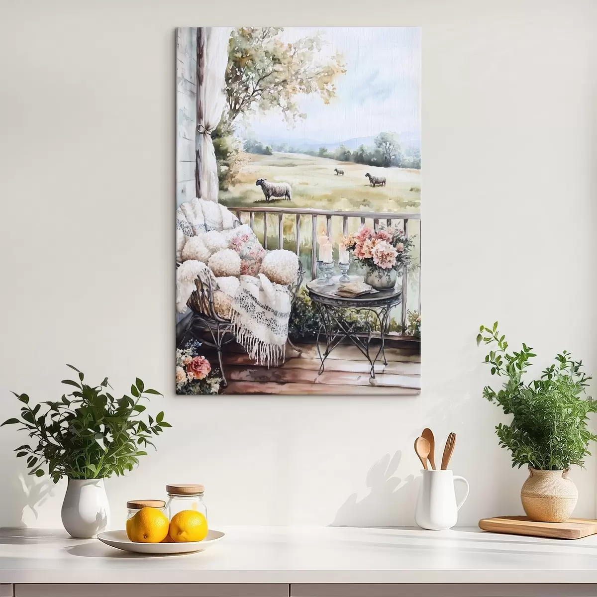 Pilt Talu maal, lambad, põllud, maalilised lilled, akvarellstiilis s44014