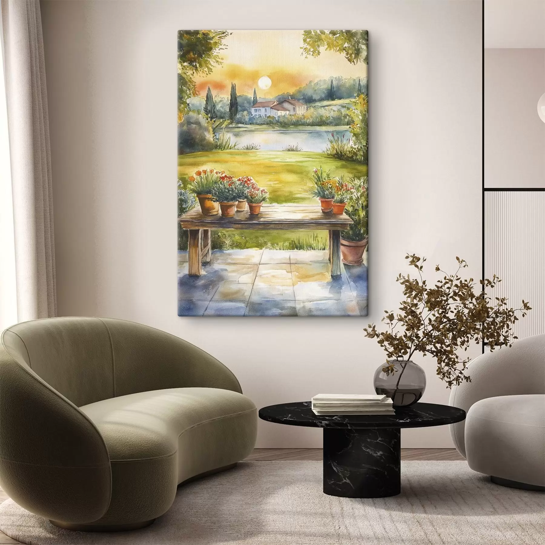 Pilt Küla päikeseloojangul, maaliline, suvelilled, järv, akvarellstiil s44016