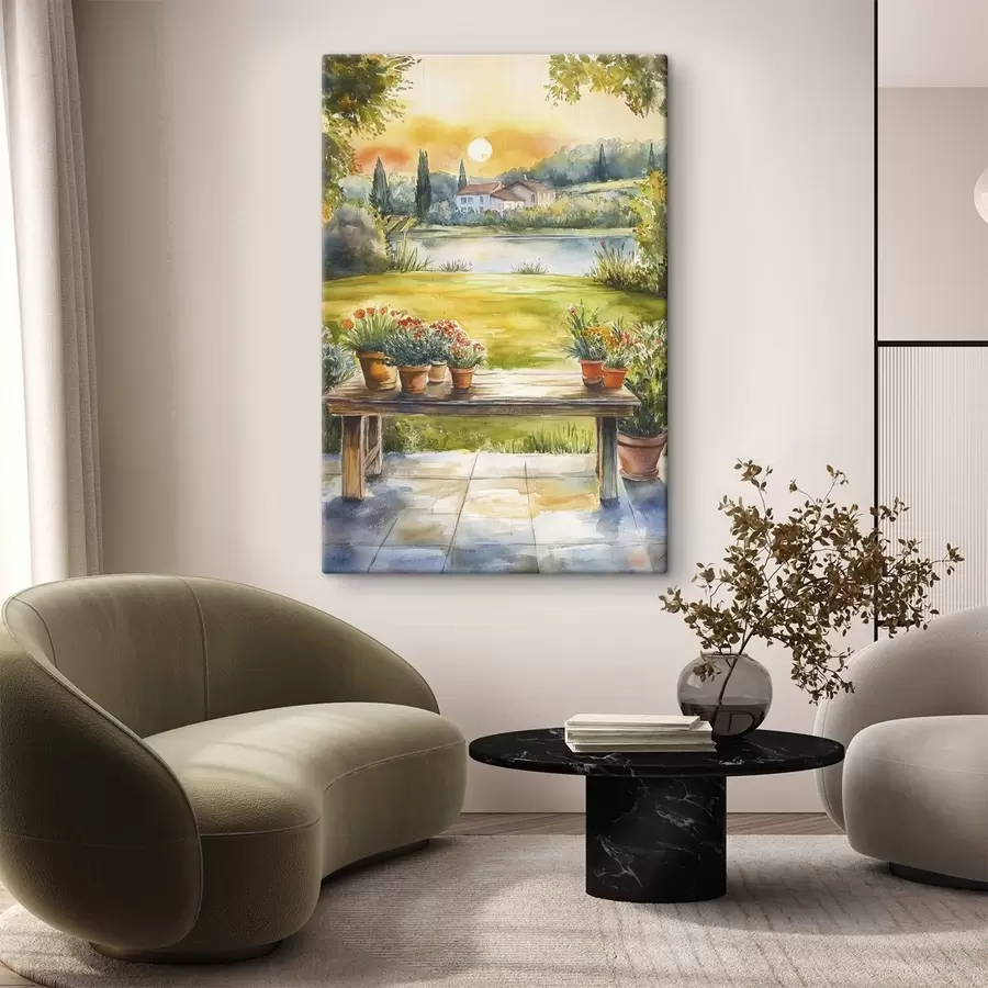 Pilt Küla päikeseloojangul, maaliline, suvelilled, järv, akvarellstiil s44016