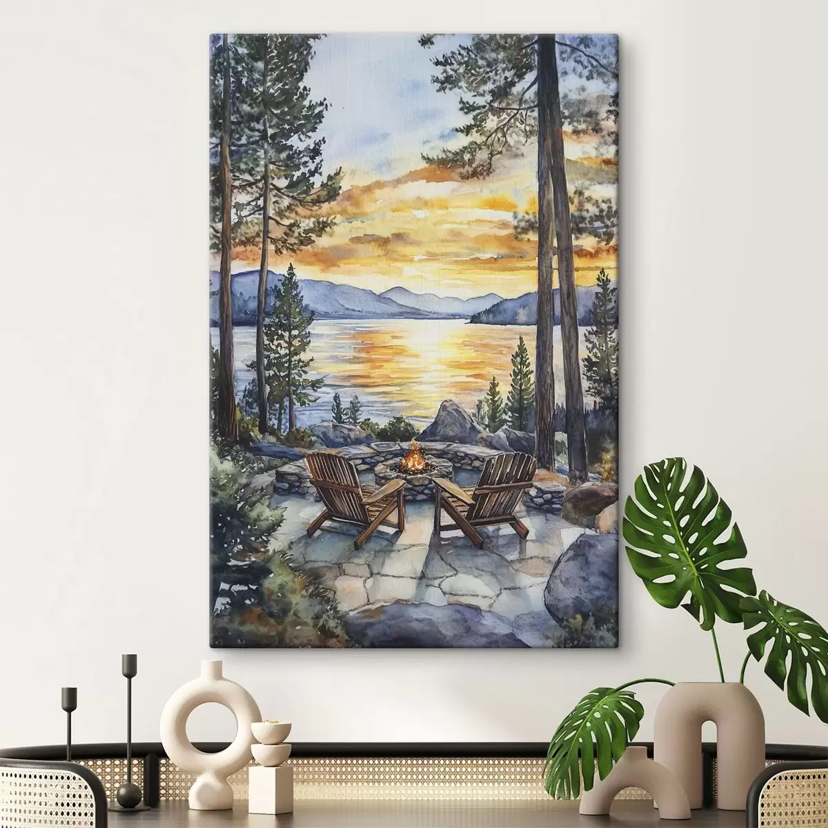 Pilt Järv koos mägedega päikeseloojangul, reisimine, hubane kamin, akvarell s44018