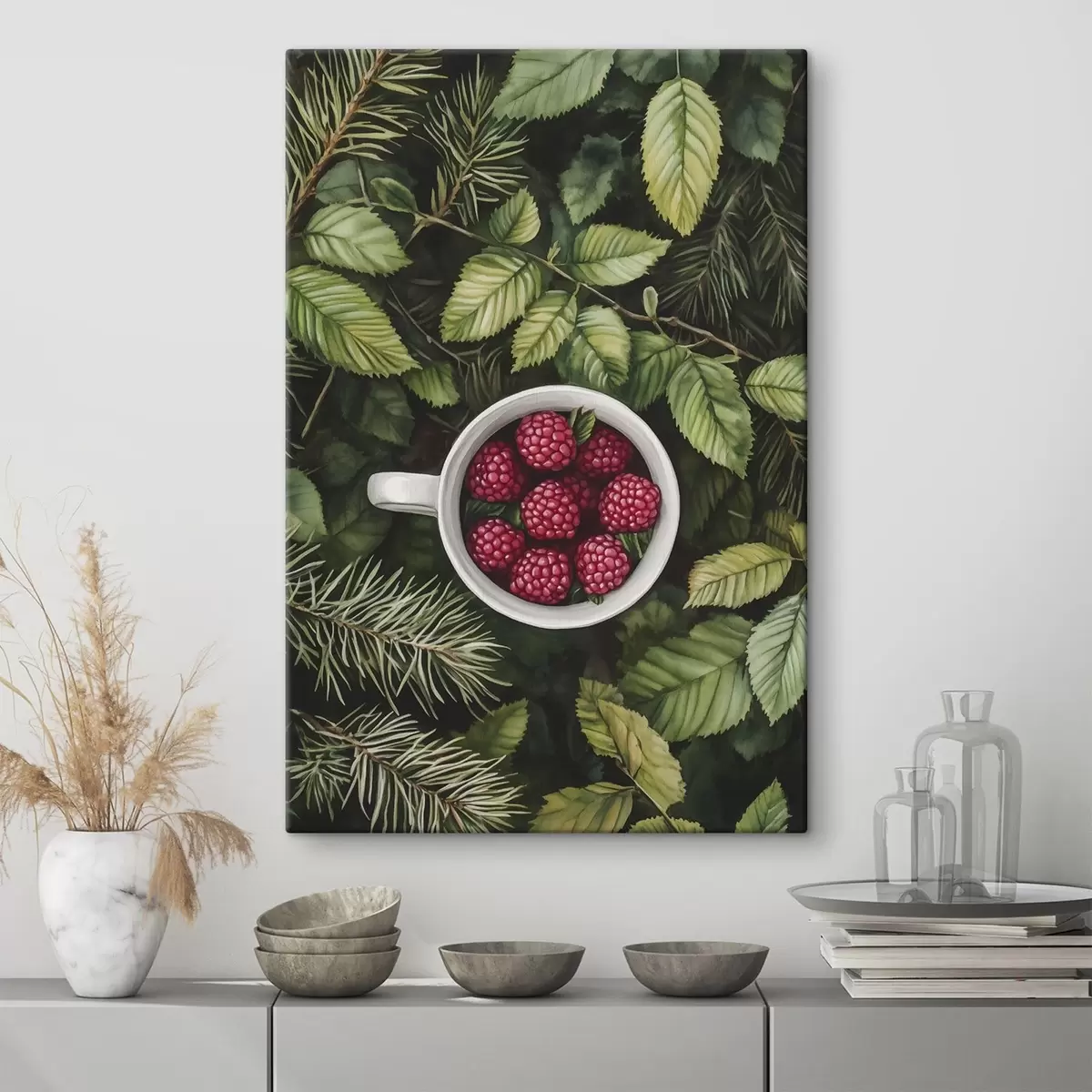 Pilt Tass vaarikaid rohelises metsas, loodus, akvarellstiilis s44021