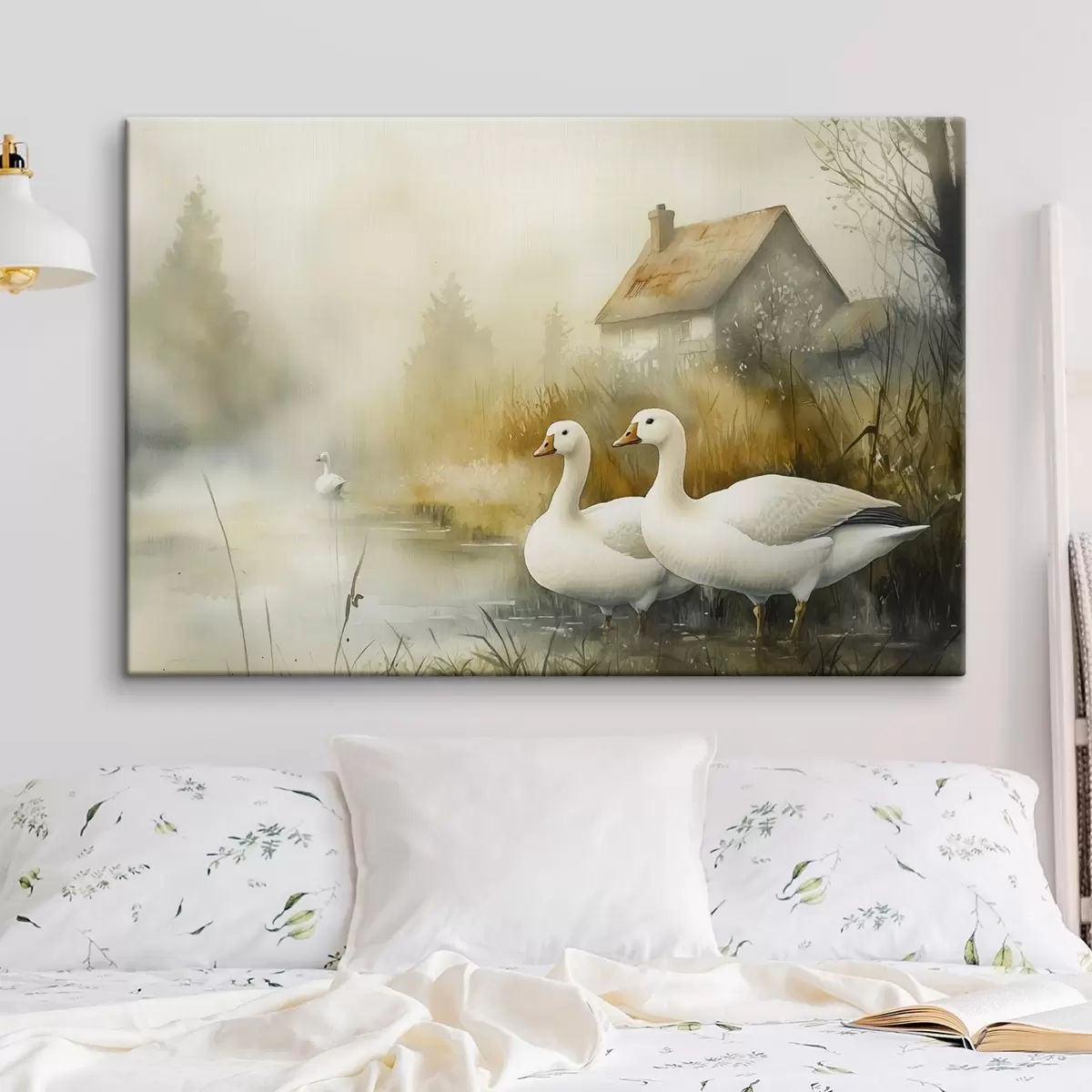 Pilt Haned järve ääres talumaja lähedal, maaliline, akvarellstiilis s44022