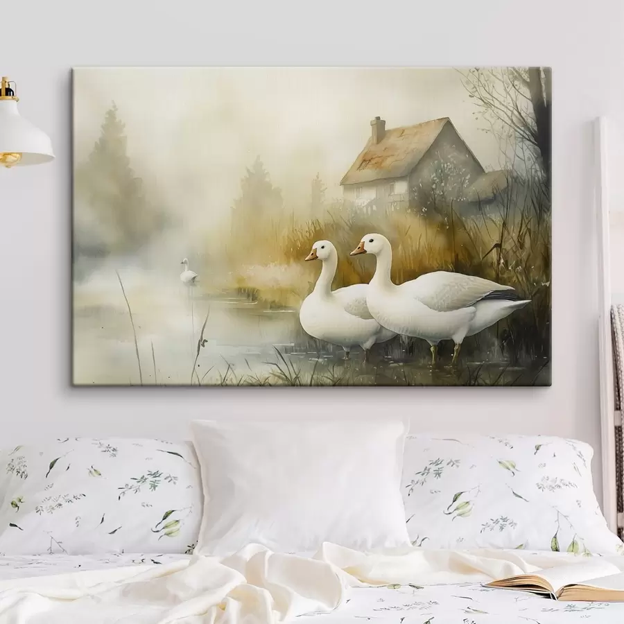 Pilt Haned järve ääres talumaja lähedal, maaliline, akvarellstiilis s44022