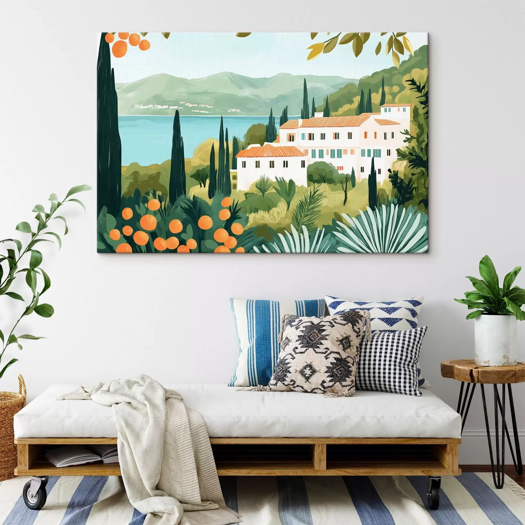 Fototapeedid Vahemeremaastikud apelsinipuude ja majadega, mererannik s44027