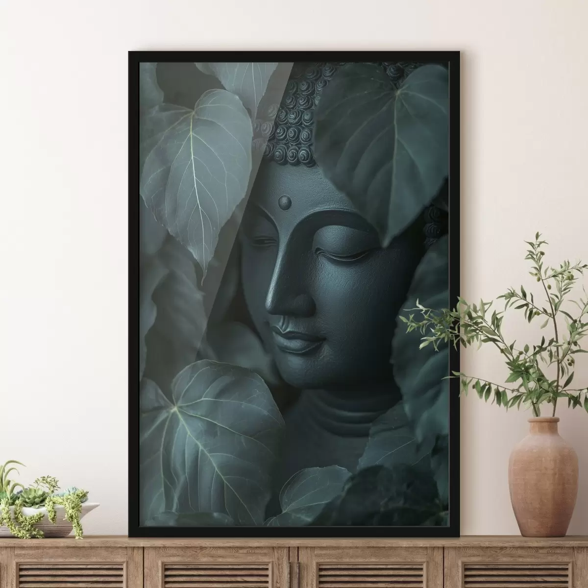 Plakat Buddha rohelistes lehtedes, budism, troopika, realism, realism f44004