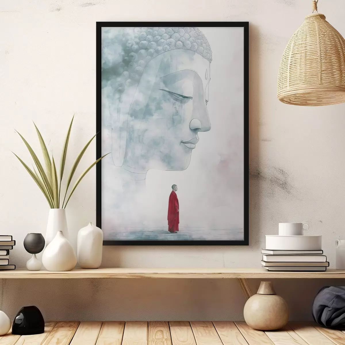 Plakat Budistlik munk punases rüüs, Buddha siluett, akvarellstiilis f44006