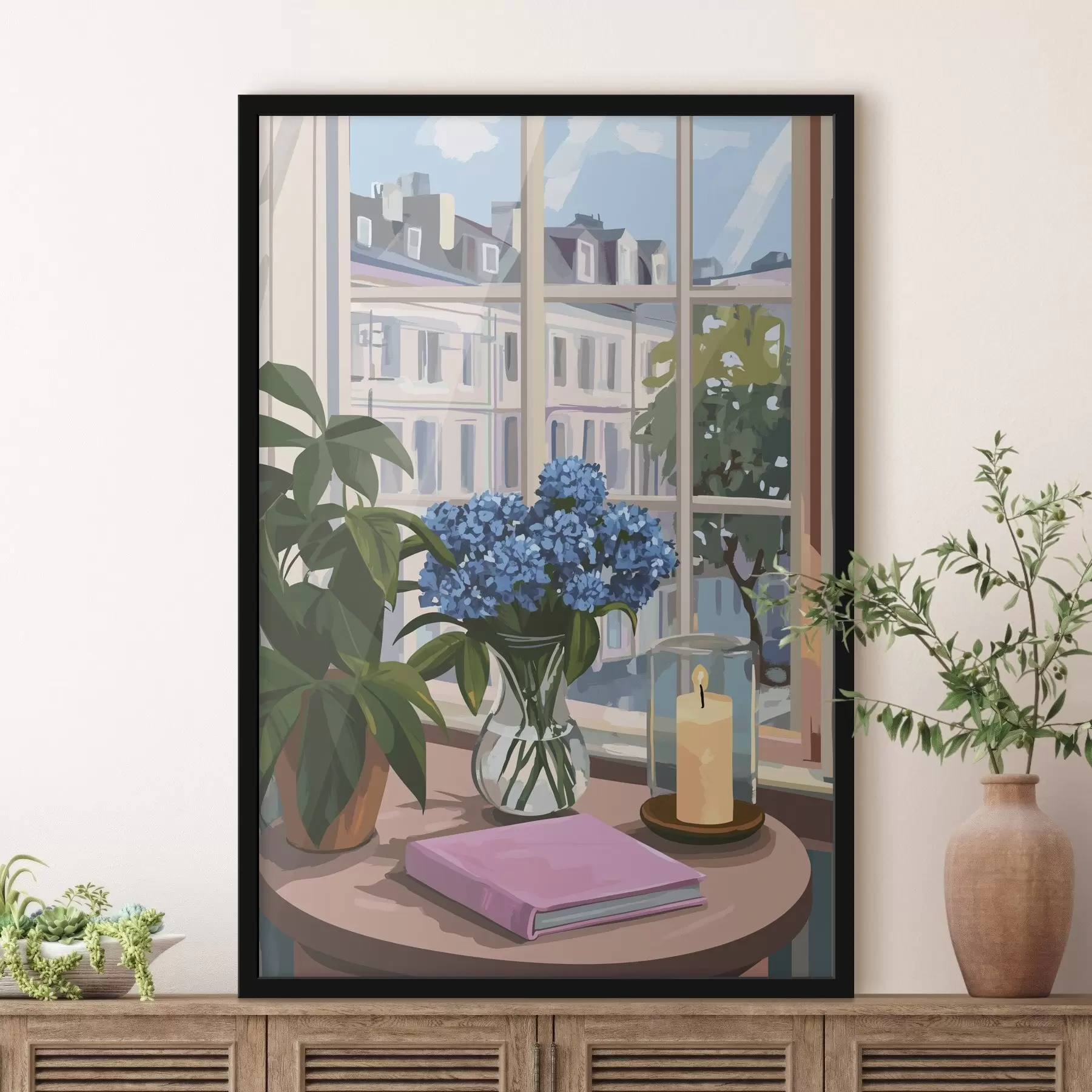 Pilt Hortensiad vaasis, aknavaade, küünal, hubane kodu f44009