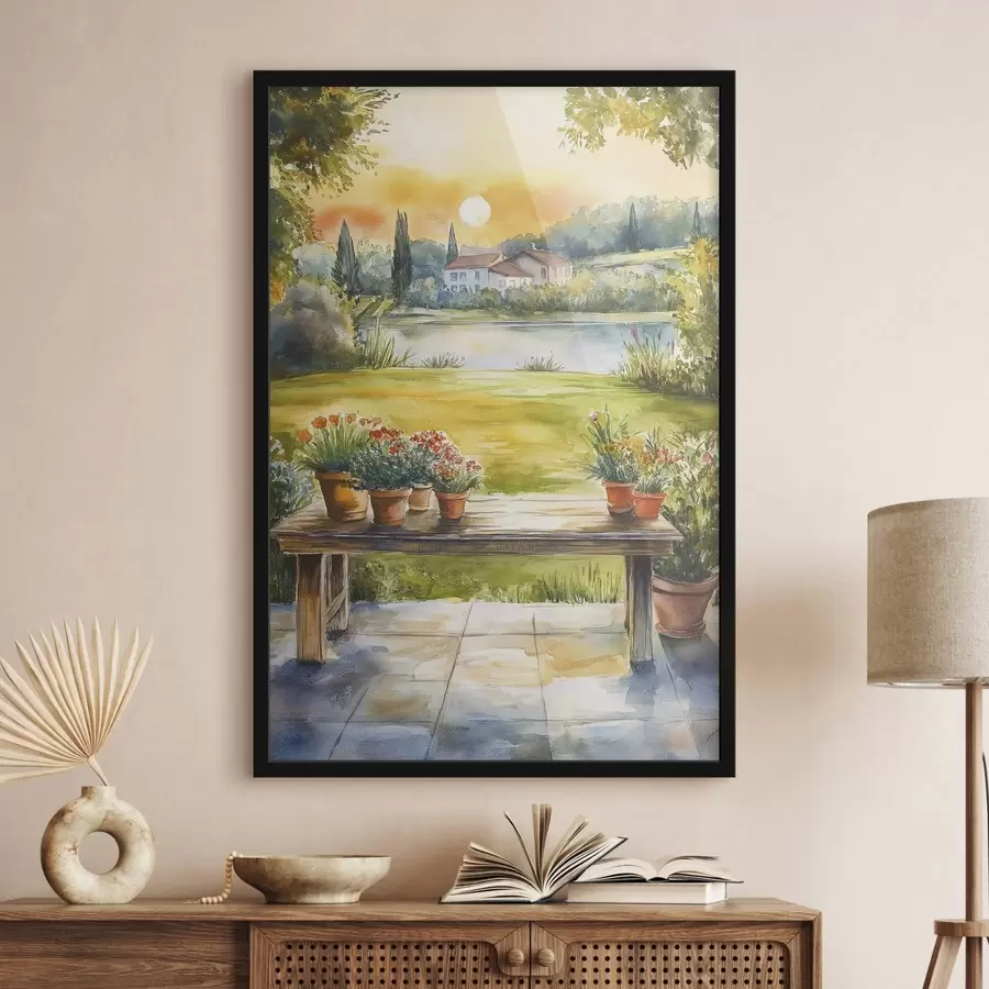 Fototapeedid Küla päikeseloojangul, maaliline, suvelilled, järv, akvarellstiil f44016