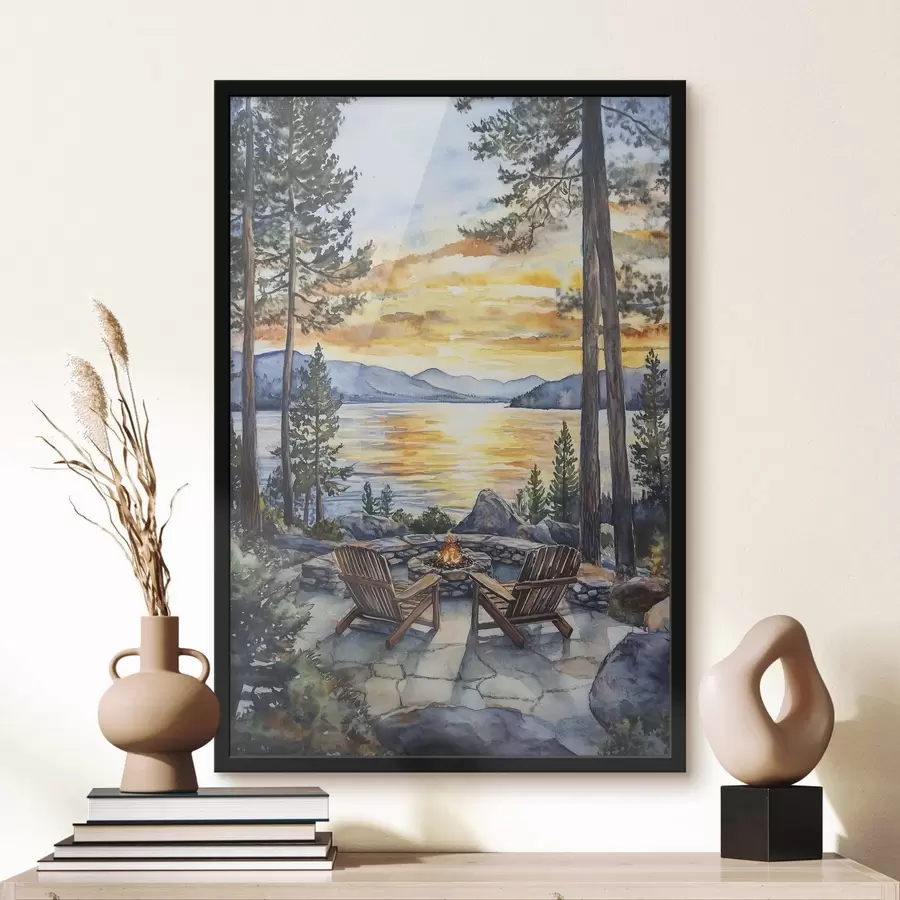 Fototapeedid Järv koos mägedega päikeseloojangul, reisimine, hubane kamin, akvarell f44018