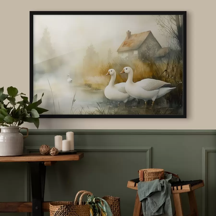 Fototapeedid Haned järve ääres talumaja lähedal, maaliline, akvarellstiilis f44022