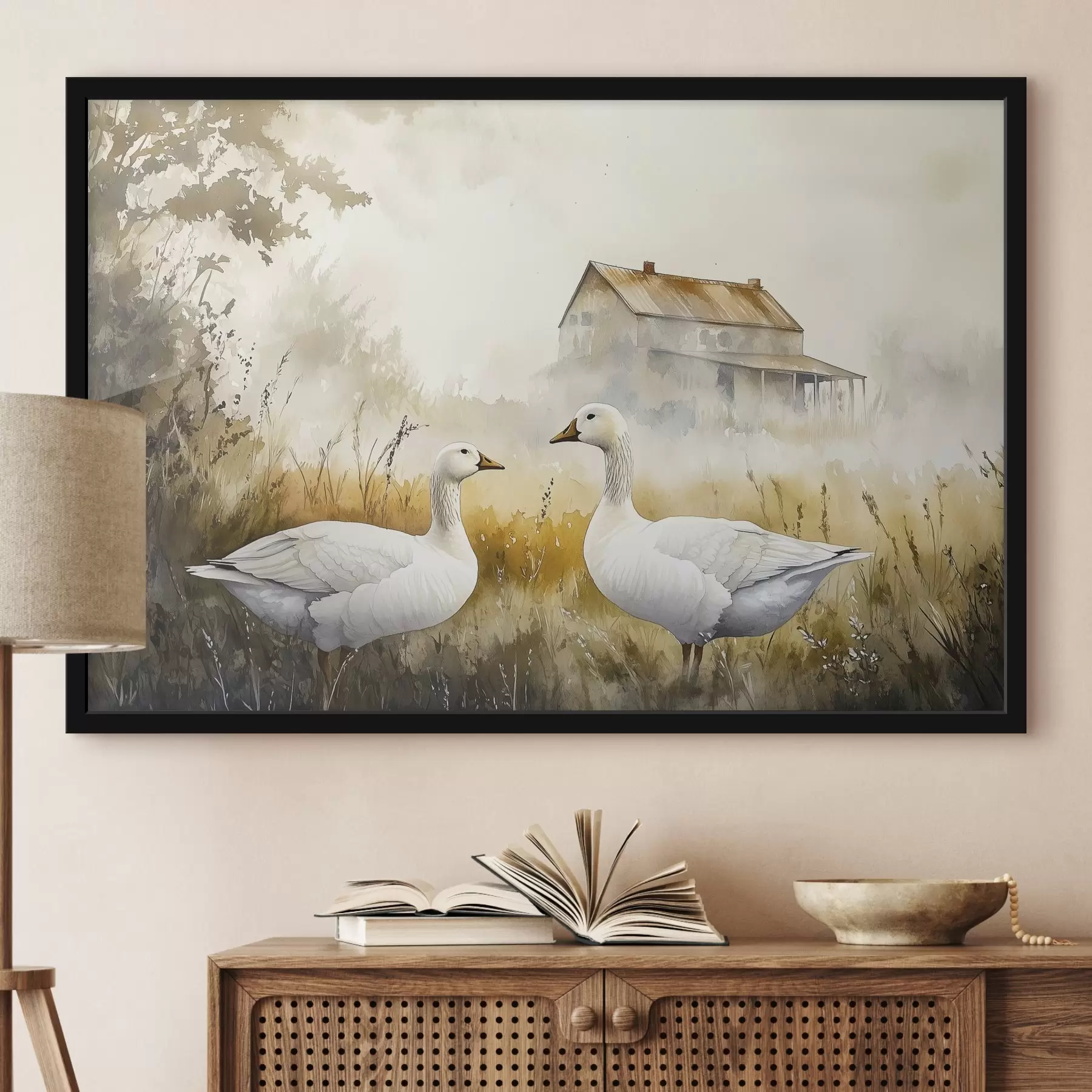 Fototapeedid Akvarell stiilis haned põllul, küla, maaliline f44024