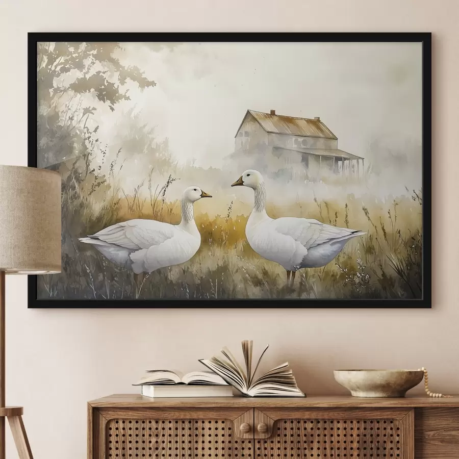 Fototapeedid Akvarell stiilis haned põllul, küla, maaliline f44024