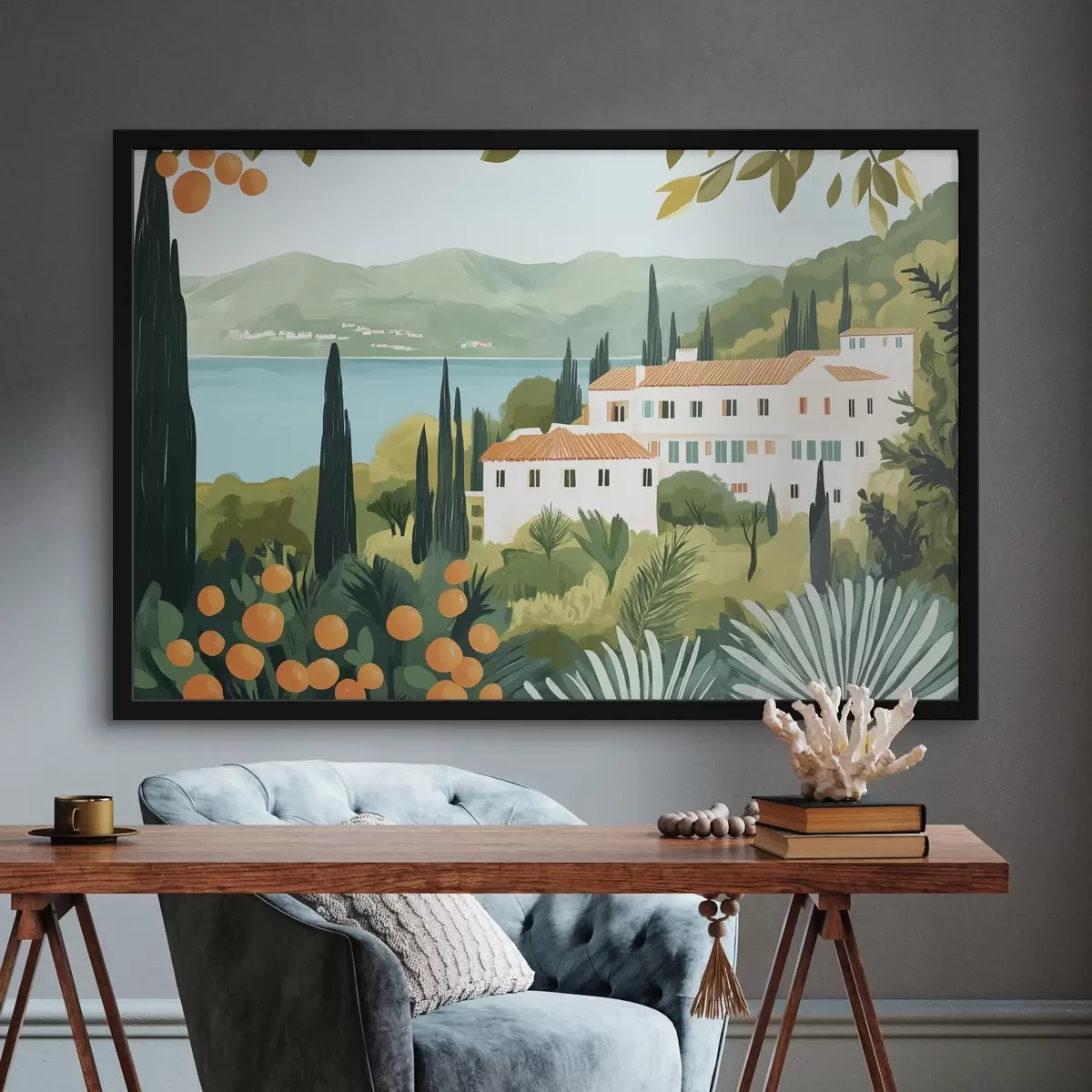 Plakat Vahemeremaastikud apelsinipuude ja majadega, mererannik f44027