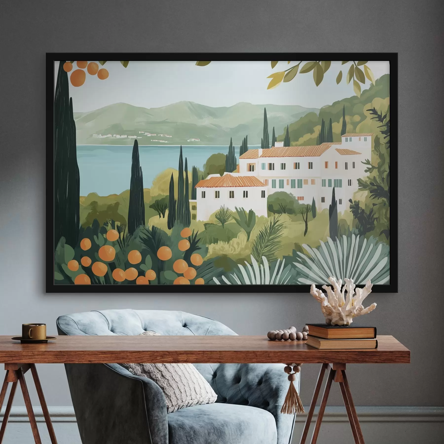 Pilt Vahemeremaastikud apelsinipuude ja majadega, mererannik f44027