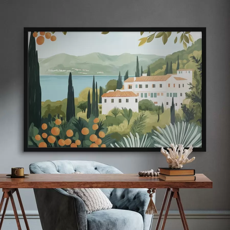 Fototapeedid Vahemeremaastikud apelsinipuude ja majadega, mererannik f44027