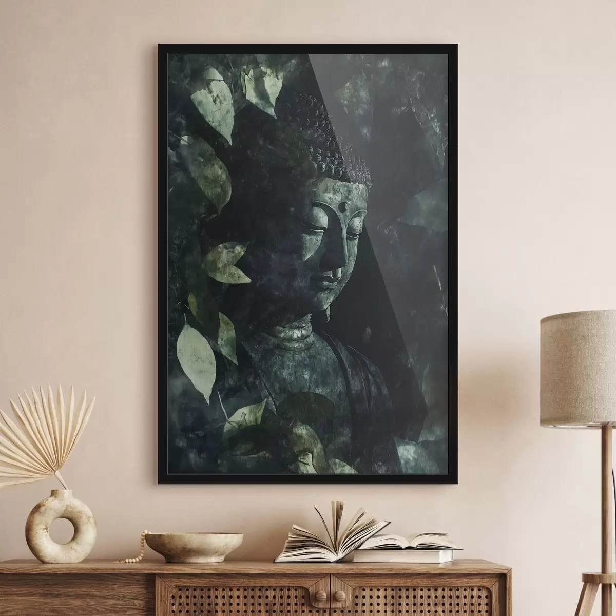 Plakat Meditatiivne Buddha rohelistes lehtedes, vaimne f44029