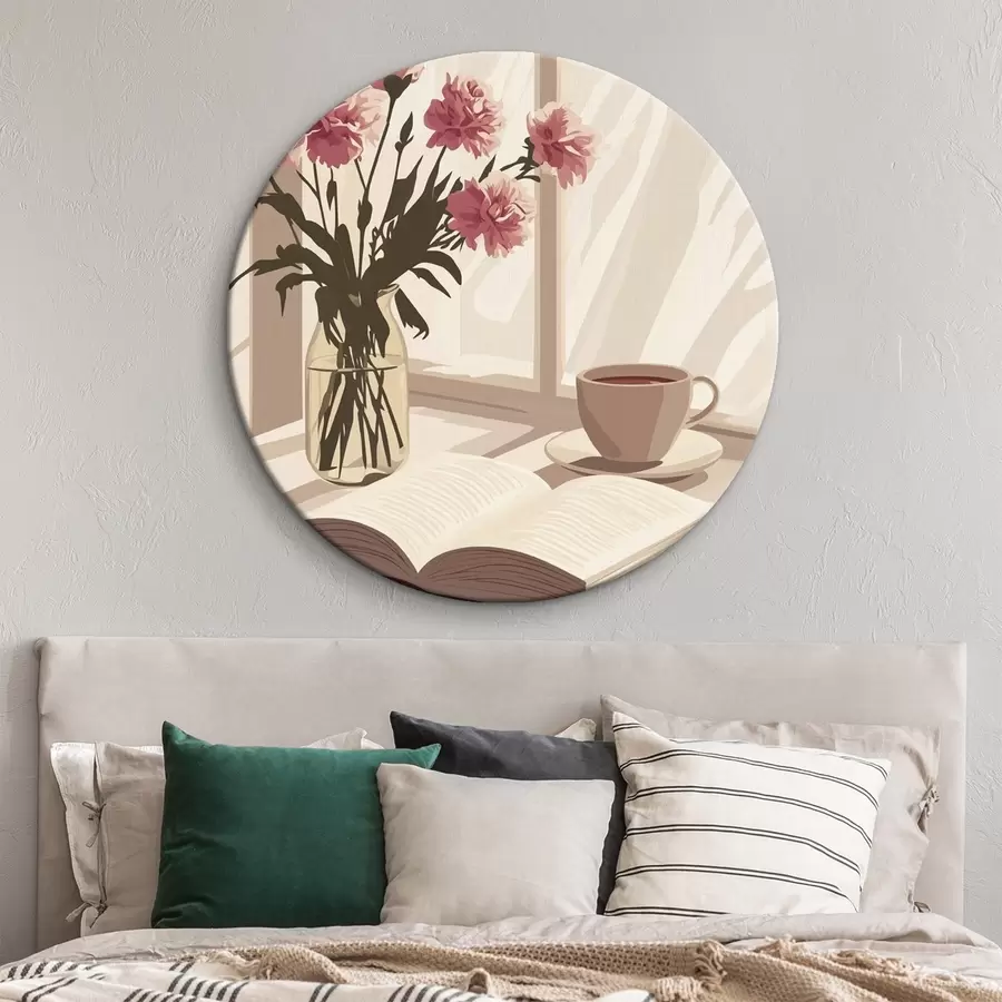 Pilt Hommikune esteetika, tass kohvi, raamat, nelklilled r44012