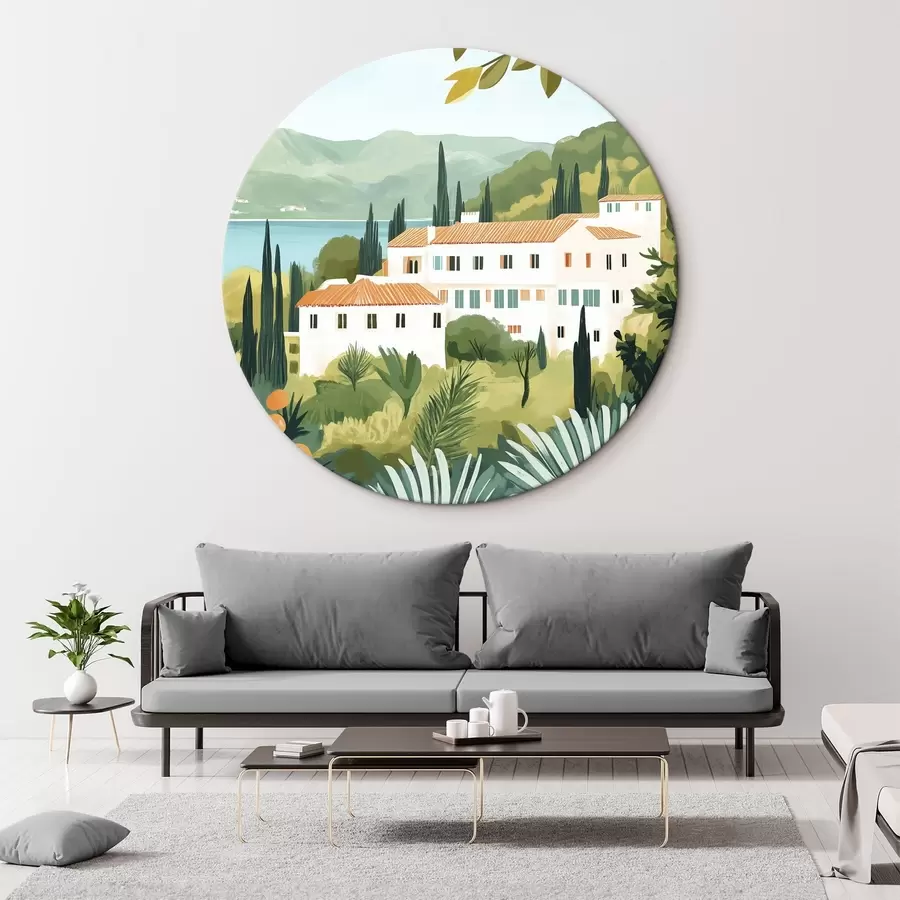 Pilt Vahemeremaastikud apelsinipuude ja majadega, mererannik r44027