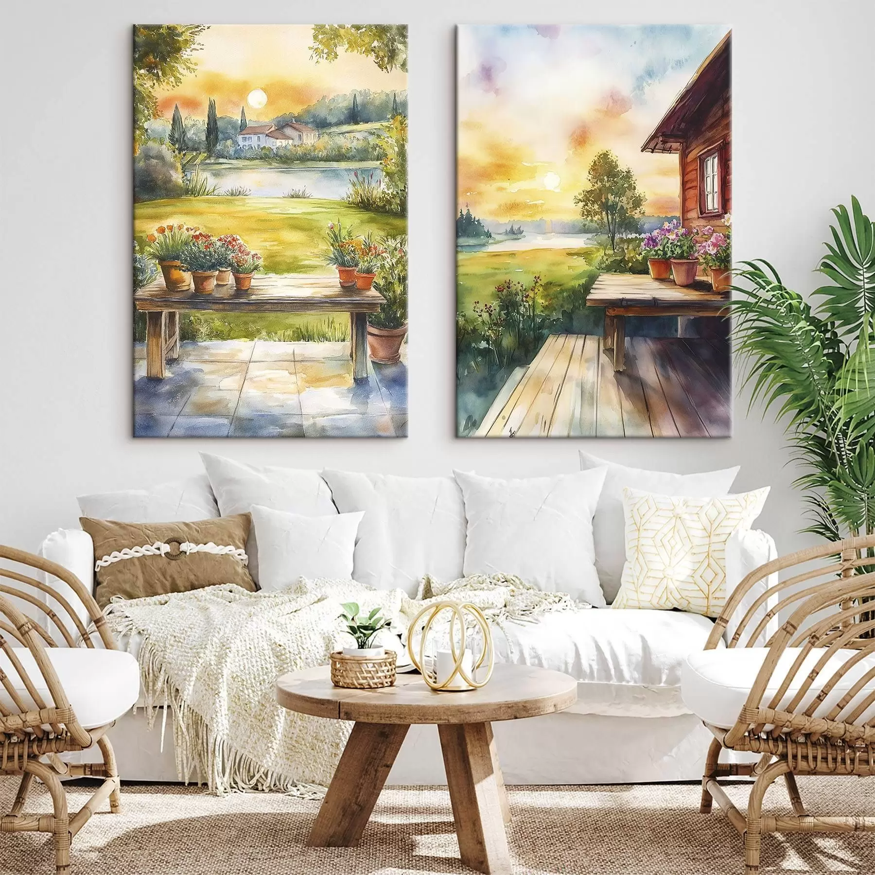 Pilt Suveküla, päikeseloojang, maaliline, lilled, järv, akvarellstiil m00449