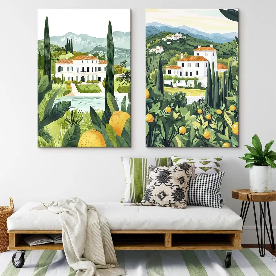 Pilt Vahemeremaastikud puude ja majadega, mererannik, Hispaania m00450