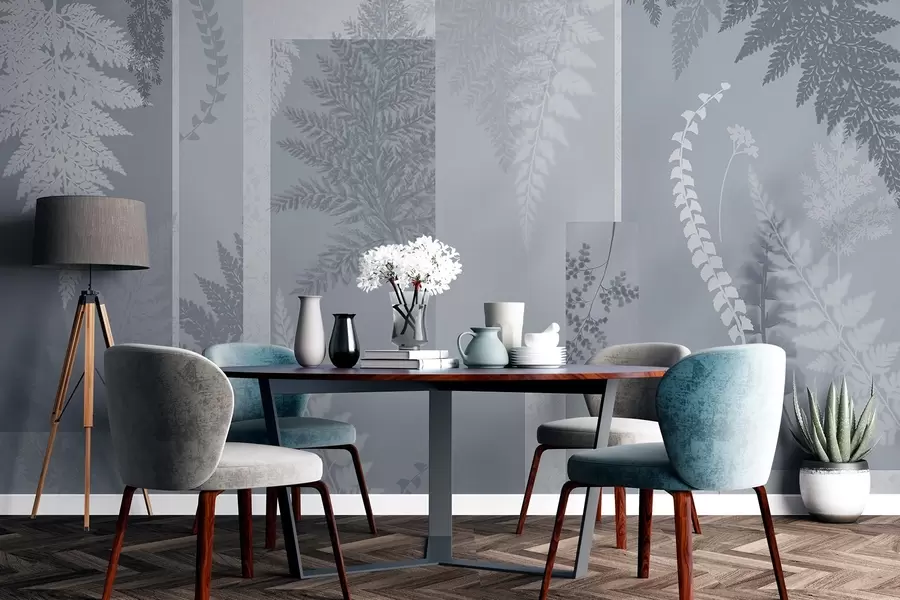 Fototapeedid Sinise ja valge värvi sõnajalgade lehed, mis on paigutatud vertikaalseteks triipudeks, luues botaanilise ja minimalistliku trükise, pehmed ja vaoshoitud värvid w09007v1