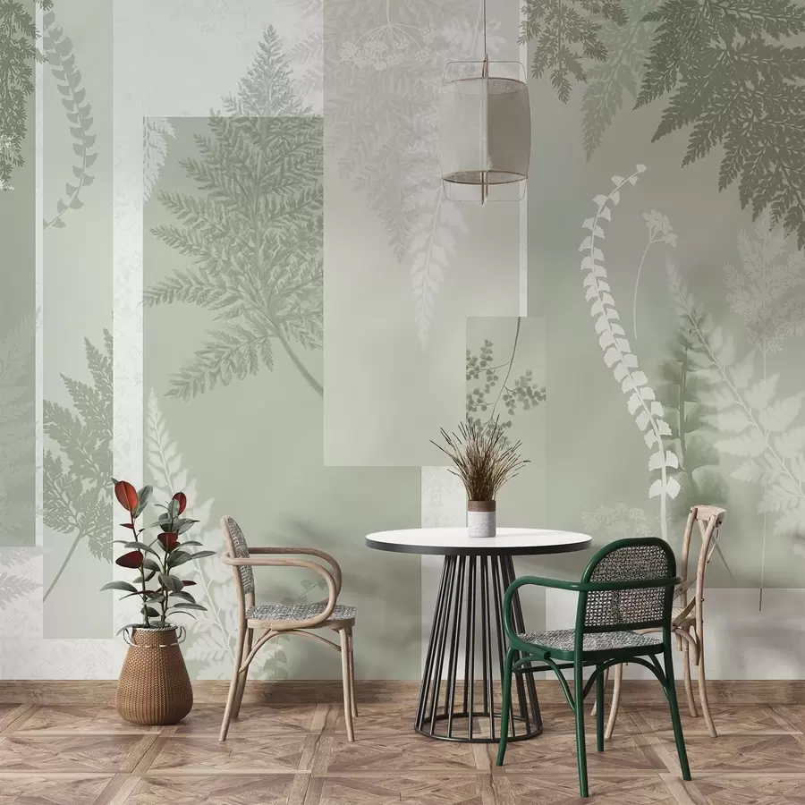 Fototapeedid Roheliste ja valgete sõnajalgade lehed, mis on paigutatud vertikaalseteks triipudeks, luues botaanilise ja minimalistliku trükise, pehmed ja vaoshoitud värvid w09007v2