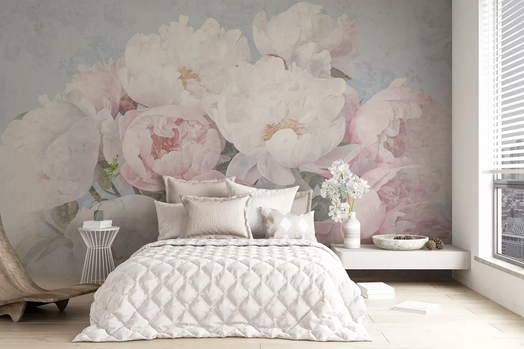 Fototapeedid Tekstuurne abstraktne roosa ja valge ploomid roheliste lehtedega, helesinine taust, pehmed ja õrnad värvid, vintage stiilis w09008