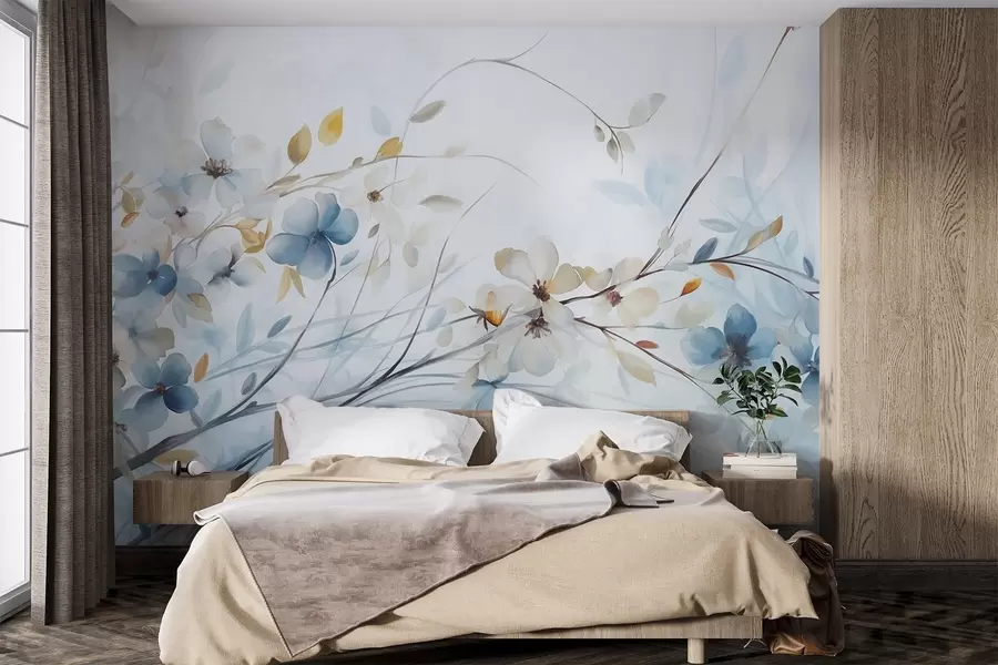 Fototapeedid Lilleseade siniste, oranžide lehtede ja valgete lilledega, õrnad kroonlehed, õhukesed oksad, pehmed värvid, akvarelli efekt w09009