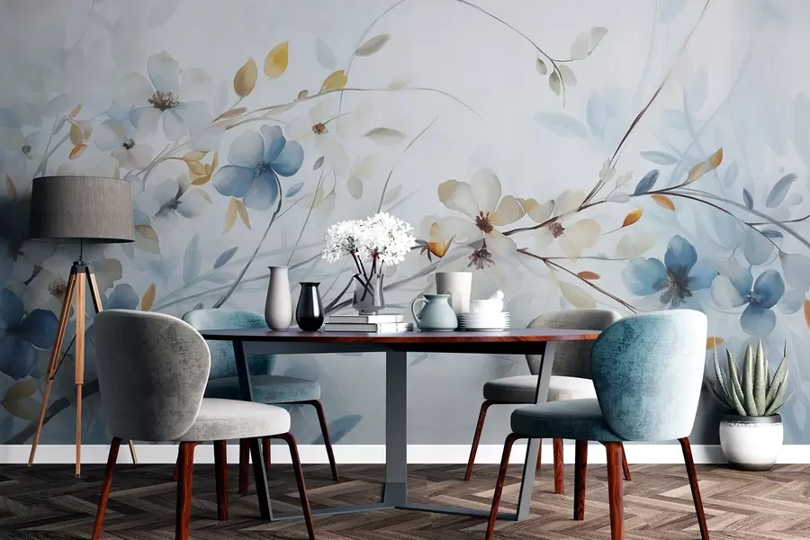 Fototapeedid Lilleseade siniste, oranžide lehtede ja valgete lilledega, õrnad kroonlehed, õhukesed oksad, pehmed värvid, akvarelli efekt w09009