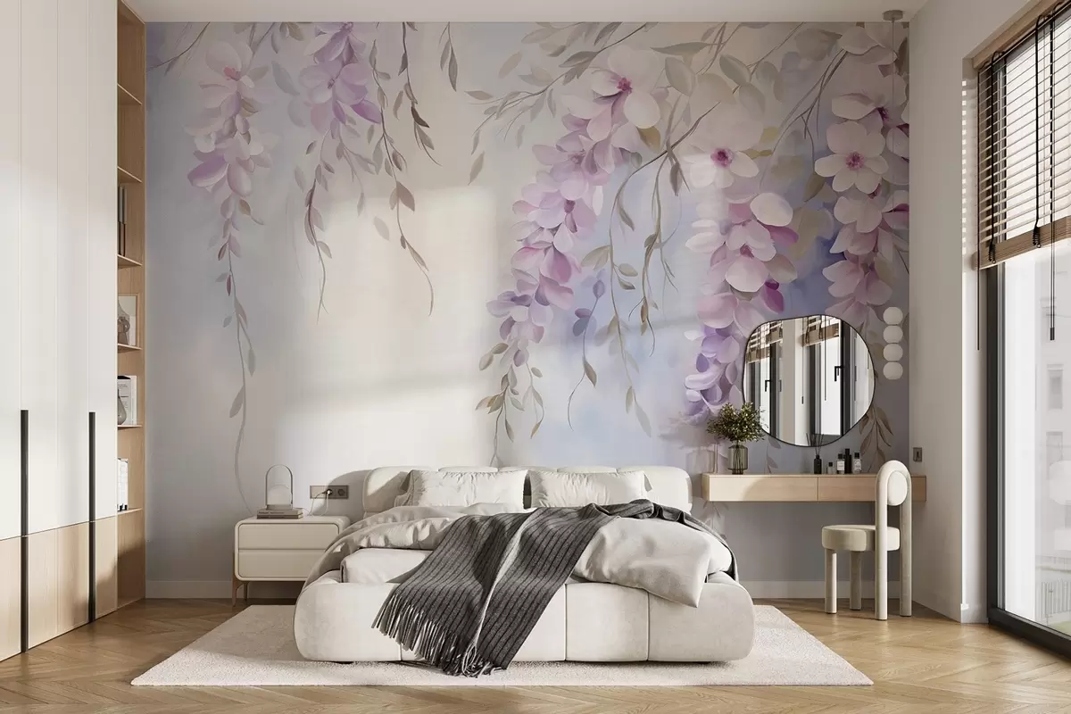 Fototapeedid Lillad lillade kroonlehtedega ja rohelised lehed ripuvad okstelt, pehmed pastelsed värvid, pastellvärviline taust w09010