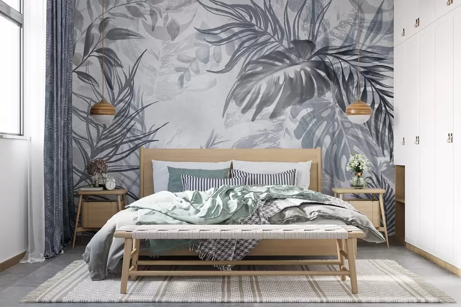 Fototapeedid Monstera ja palmilehed sinise ja halli varjundites, botaaniline, troopiline lehestik, džungli taimed, tekstuurne taust w09011v1