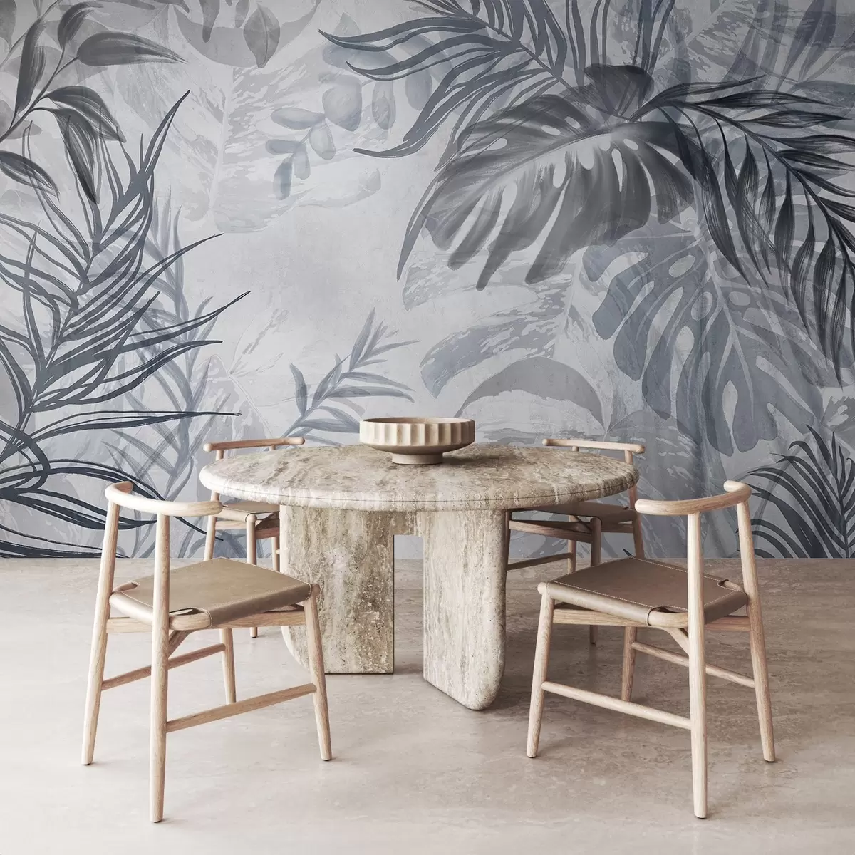 Fototapeedid Monstera ja palmilehed sinise ja halli varjundites, botaaniline, troopiline lehestik, džungli taimed, tekstuurne taust w09011v1