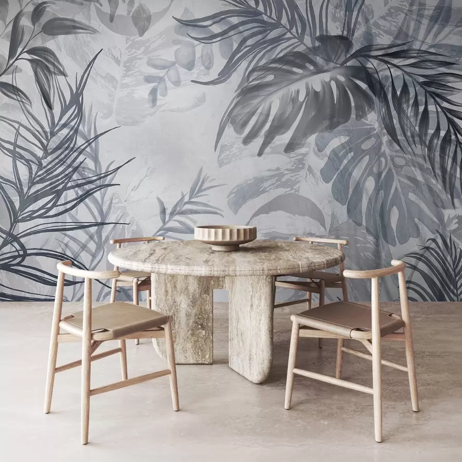 Fototapeedid Monstera ja palmilehed sinise ja halli varjundites, botaaniline, troopiline lehestik, džungli taimed, tekstuurne taust w09011v1