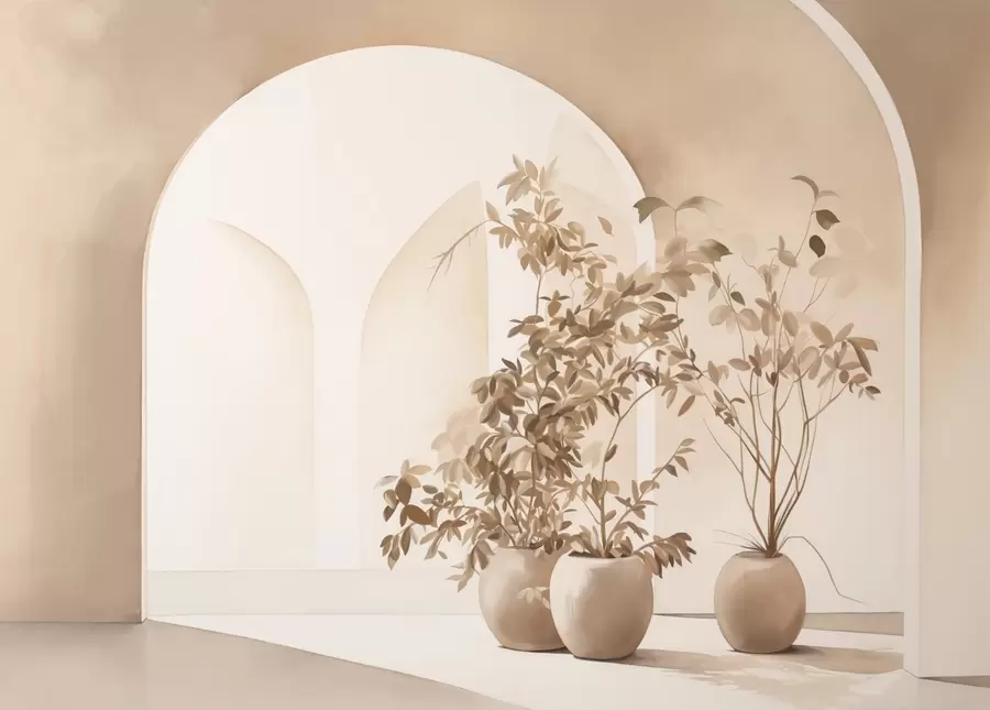 Fototapeedid Taimed beeži toonides pottides abstraktsete võlvide ees, minimalistlikus stiilis, elegantne ja puhas, neutraalne taust w09013