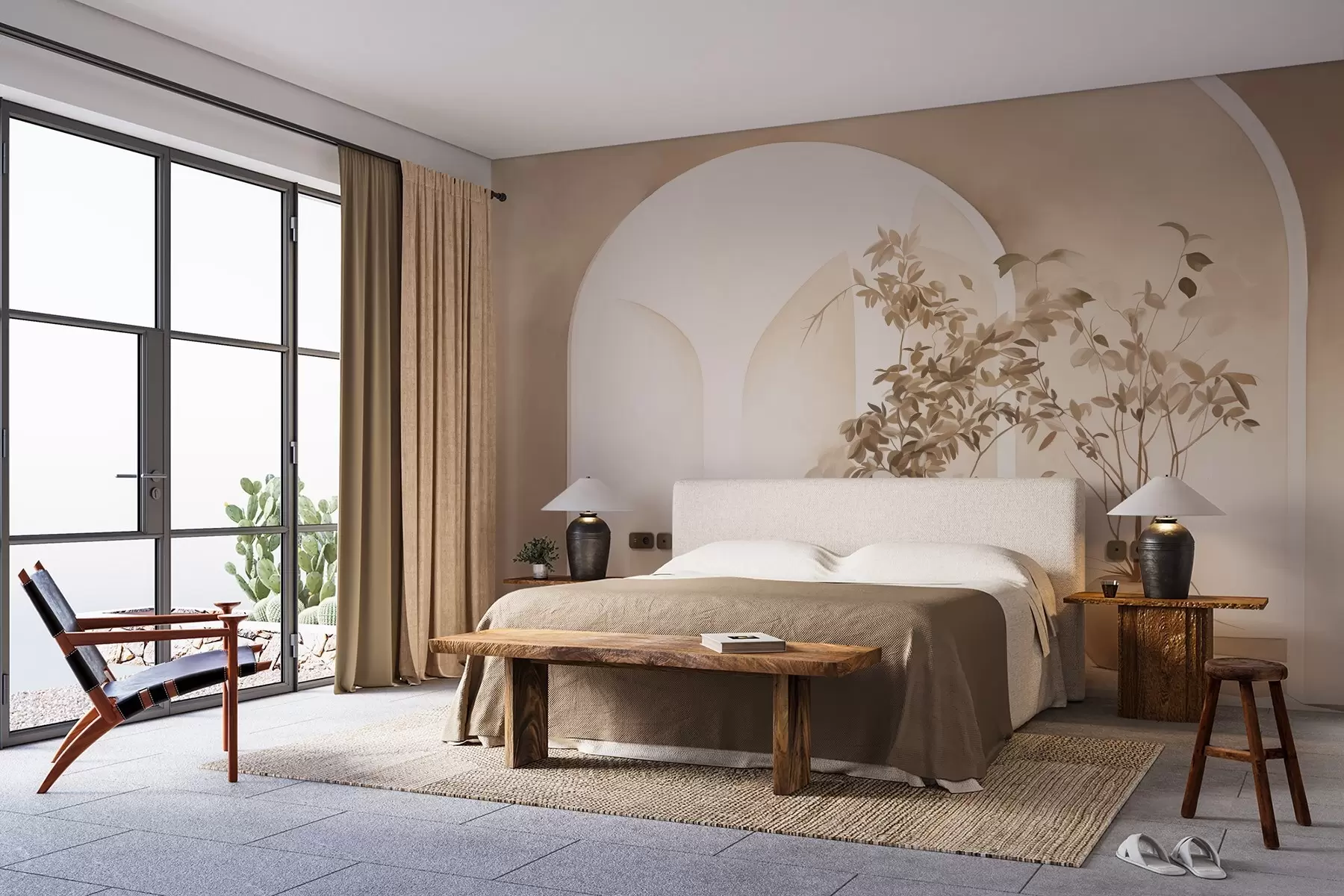 Fototapeedid Taimed beeži toonides pottides abstraktsete võlvide ees, minimalistlikus stiilis, elegantne ja puhas, neutraalne taust w09013