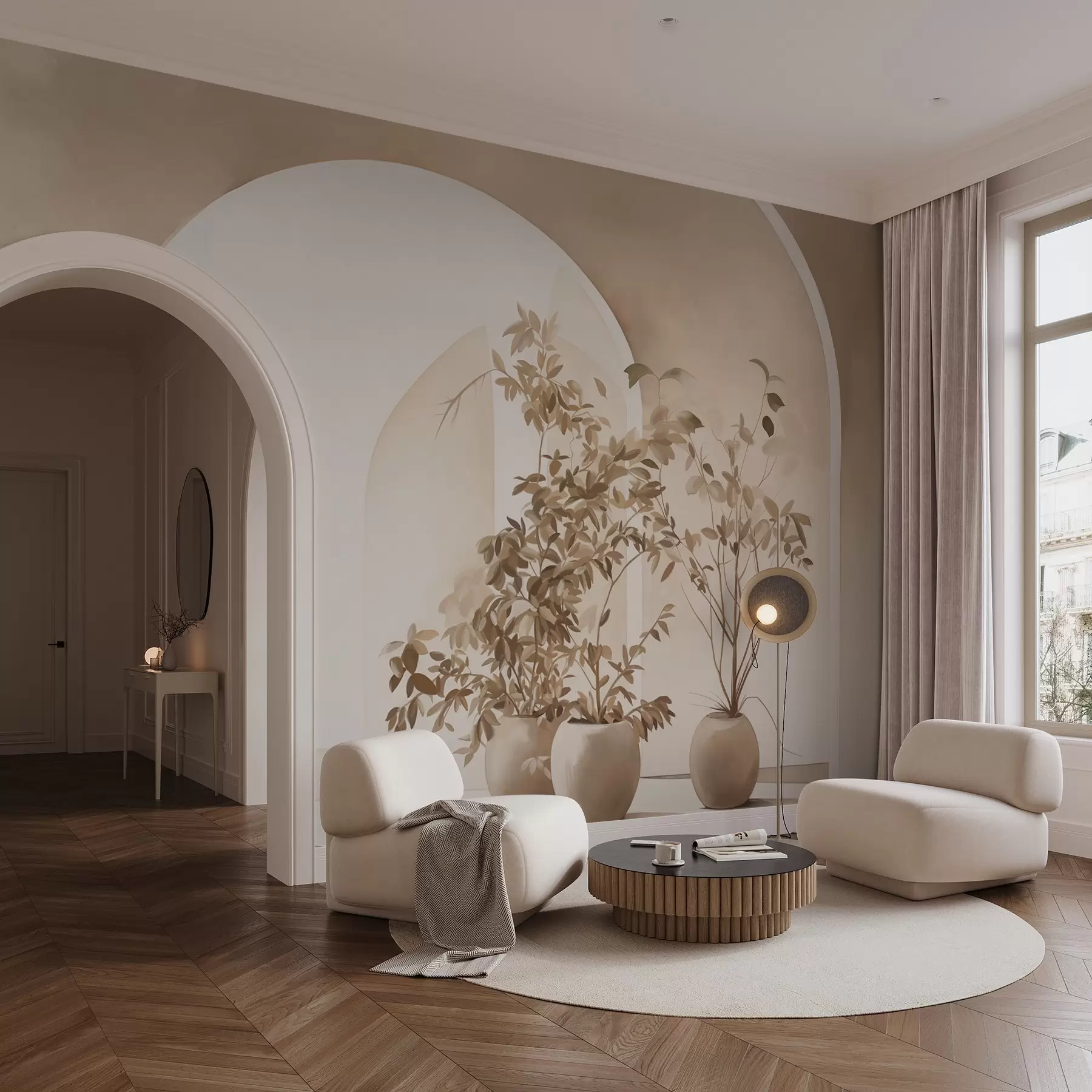 Fototapeedid Taimed beeži toonides pottides abstraktsete võlvide ees, minimalistlikus stiilis, elegantne ja puhas, neutraalne taust w09013