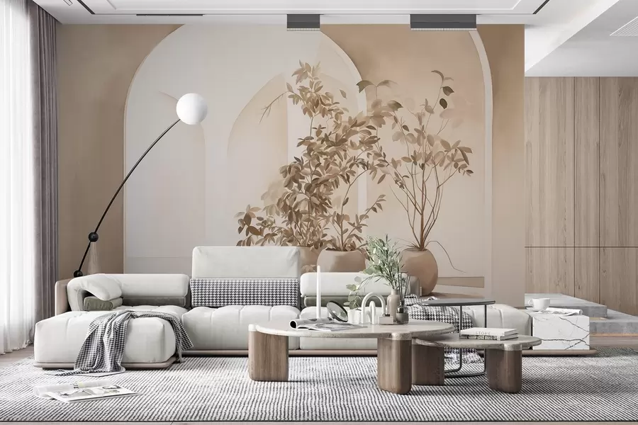 Fototapeedid Taimed beeži toonides pottides abstraktsete võlvide ees, minimalistlikus stiilis, elegantne ja puhas, neutraalne taust w09013