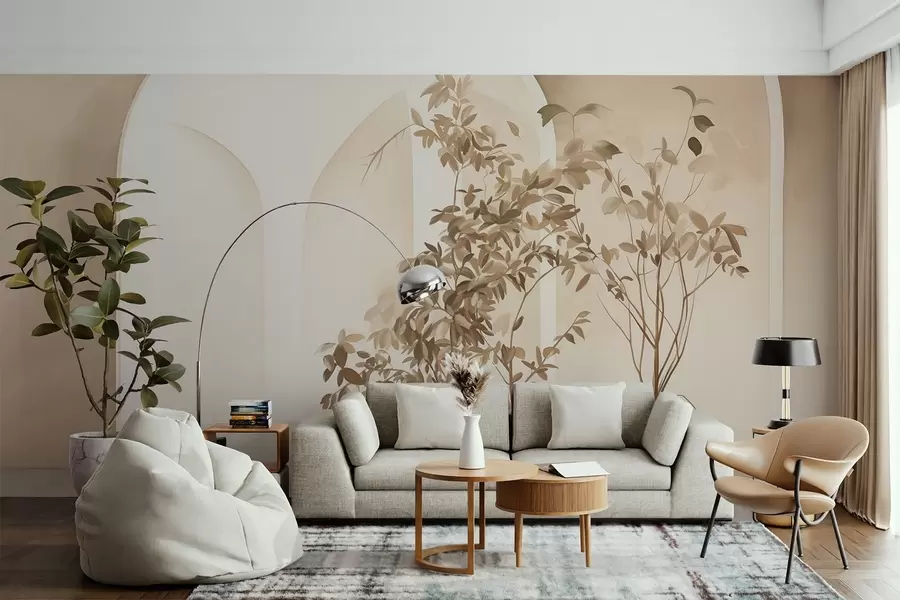 Fototapeedid Taimed beeži toonides pottides abstraktsete võlvide ees, minimalistlikus stiilis, elegantne ja puhas, neutraalne taust w09013