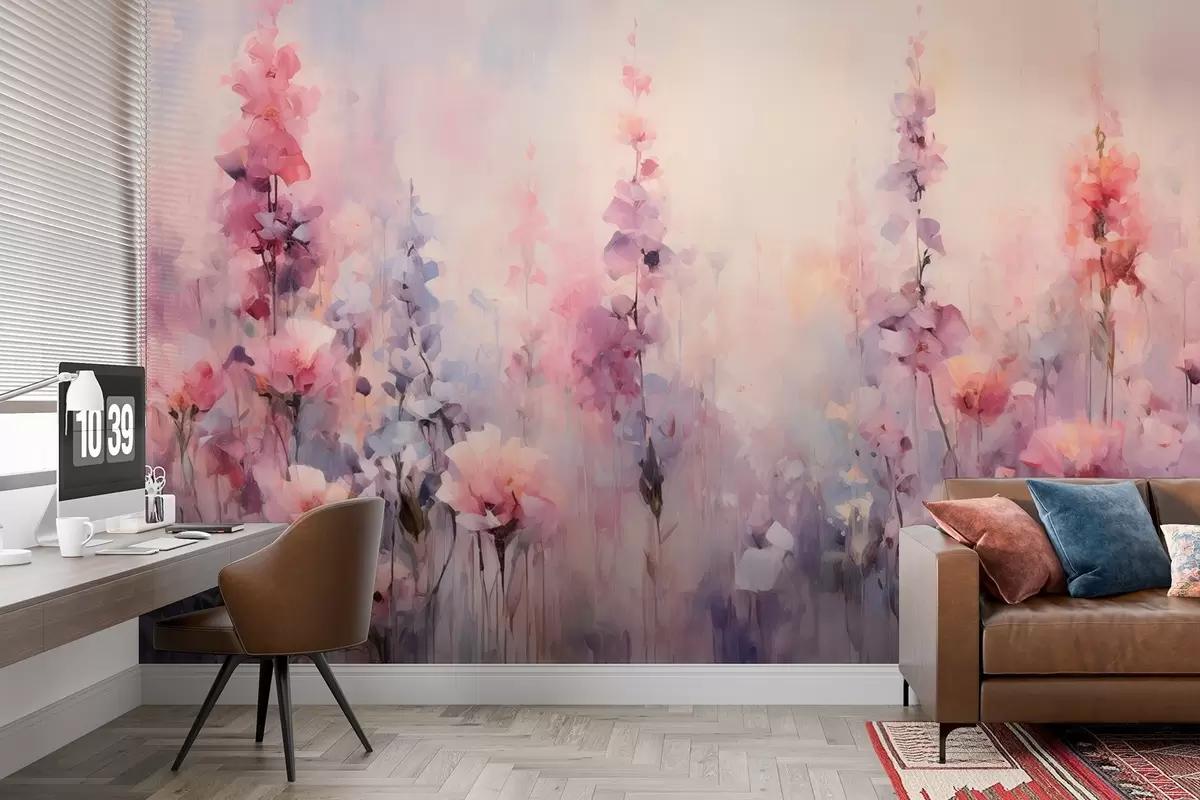 Fototapeedid Värvilised metsalilled akvarellistiilis: lillad, moonid, martsikad w09038