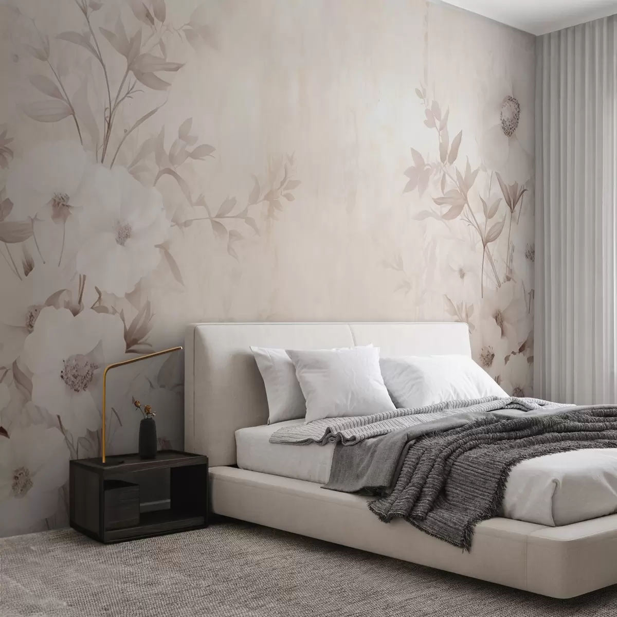 Fototapeedid Lilled koos lehtedega neutraalsetes heledates toonides akvarellistiilis w09040