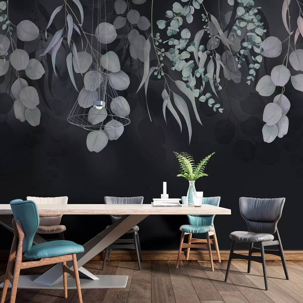 Fototapeedid Troopilised lehed tumesinisel taustal, lilleline w03752v2