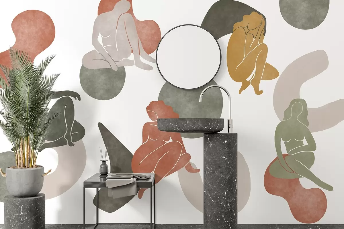Fototapeedid Geomeetrilised abstraktsioonid naiste siluettidega, boho stiilis, pruun, beež, roheline w03753
