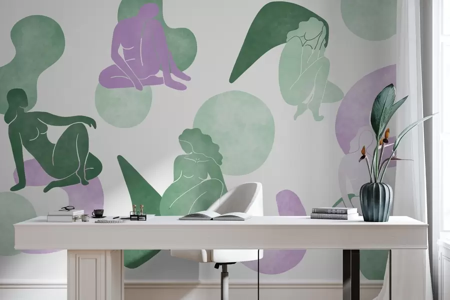 Fototapeedid Geomeetrilised abstraktsioonid naiste siluettidega, boho stiilis, lilla, roheline w03753v4