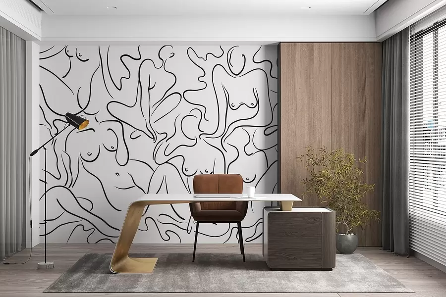 Fototapeedid Naiste kehade siluettide joonestus, abstraktsioon, must värv w03755