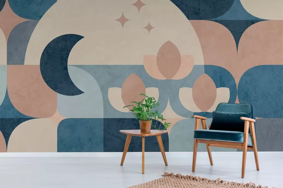 Fototapeedid geomeetriline abstraktsioon, kus pehmed kujundid on sujuvalt põimunud kuu, lillede ja tähtede sümbolitega w03723
