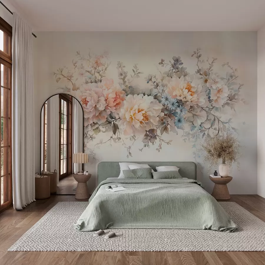 Fototapeedid õrnad akvarellistiilis lilled roosa, beeži ja sinise pastelsetes toonides w03724