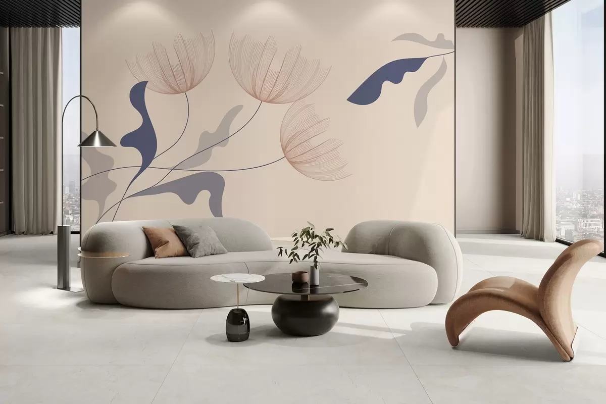 Fototapeedid elegantsed minimalistlikud lilled sinistes toonides beežil taustal w03763